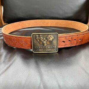 VINTAGE Belt Buckle Mining Drilling Fagersta Secoroc Leather Belt Maple Leaves